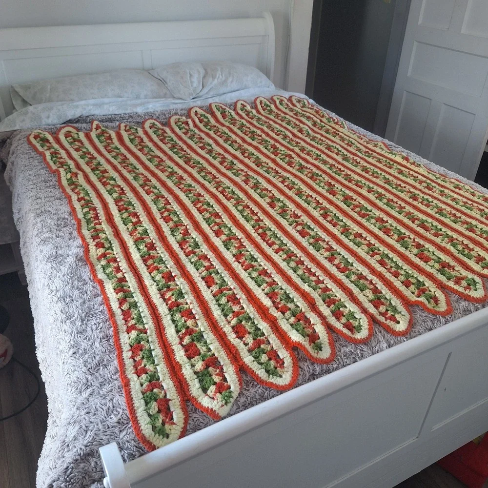 Vintage Strip‎ Afghan Throw Blanket 58x47 Orange Green MCM Decor